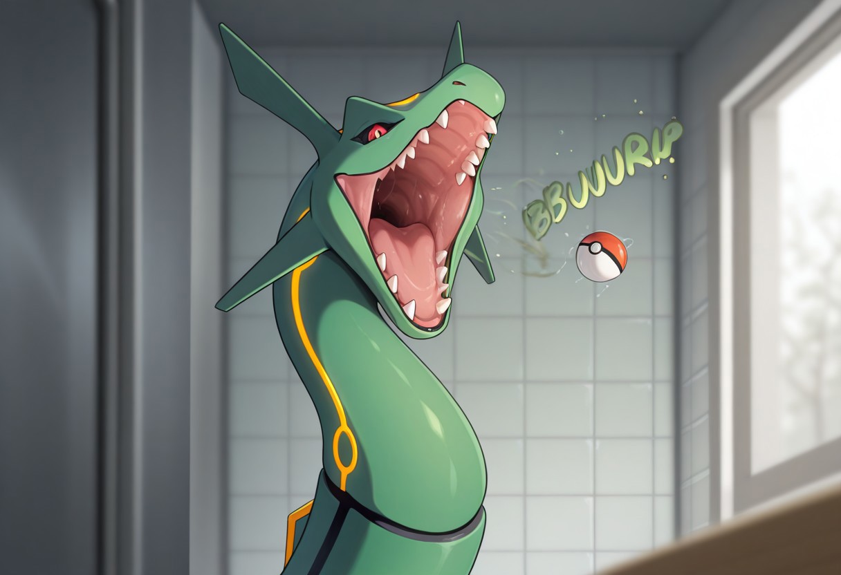 v_burping_clothes, pokemon, (rayquaza, rayquaza pred), burping up pokeball, bathroom, depth of field, detailed background, masterpiece, best quality, high quality, absurdres, highres, incredibly absurdres, newest, amazing quality