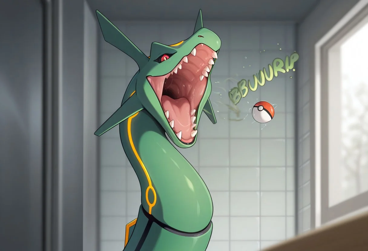 v_burping_clothes, pokemon, (rayquaza, rayquaza pred), burping up pokeball, bathroom, depth of field, detailed background, masterpiece, best quality, high quality, absurdres, highres, incredibly absurdres, newest, amazing quality
