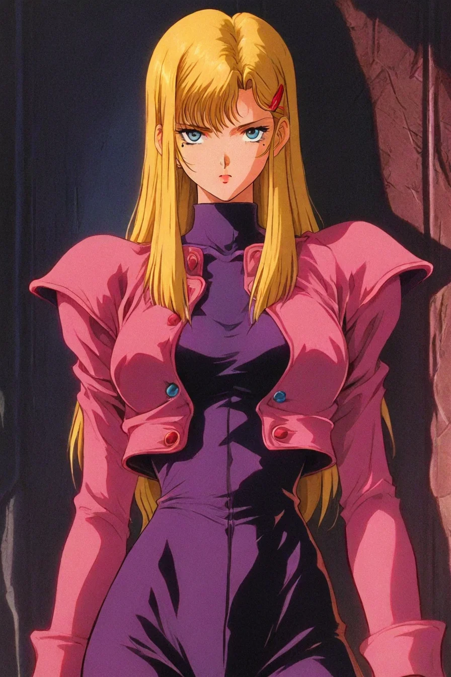 fuurinji miu, blonde hair, long hair, blue eyes, mole under right eyes, slim waist, large breast, pink jacket, purple bodysuit, hairclip, 1girl, solo, alone, <lora:dark_fantasy_anime_illustriousXL:1>, dark_fantasy_style, dark fantasy, retro, masterpiece, highres