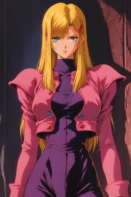 fuurinji miu, blonde hair, long hair, blue eyes, mole under right eyes, slim waist, large breast, pink jacket, purple bodysuit, hairclip, 1girl, solo, alone, <lora:dark_fantasy_anime_illustriousXL:1>, dark_fantasy_style, dark fantasy, retro, masterpiece, highres