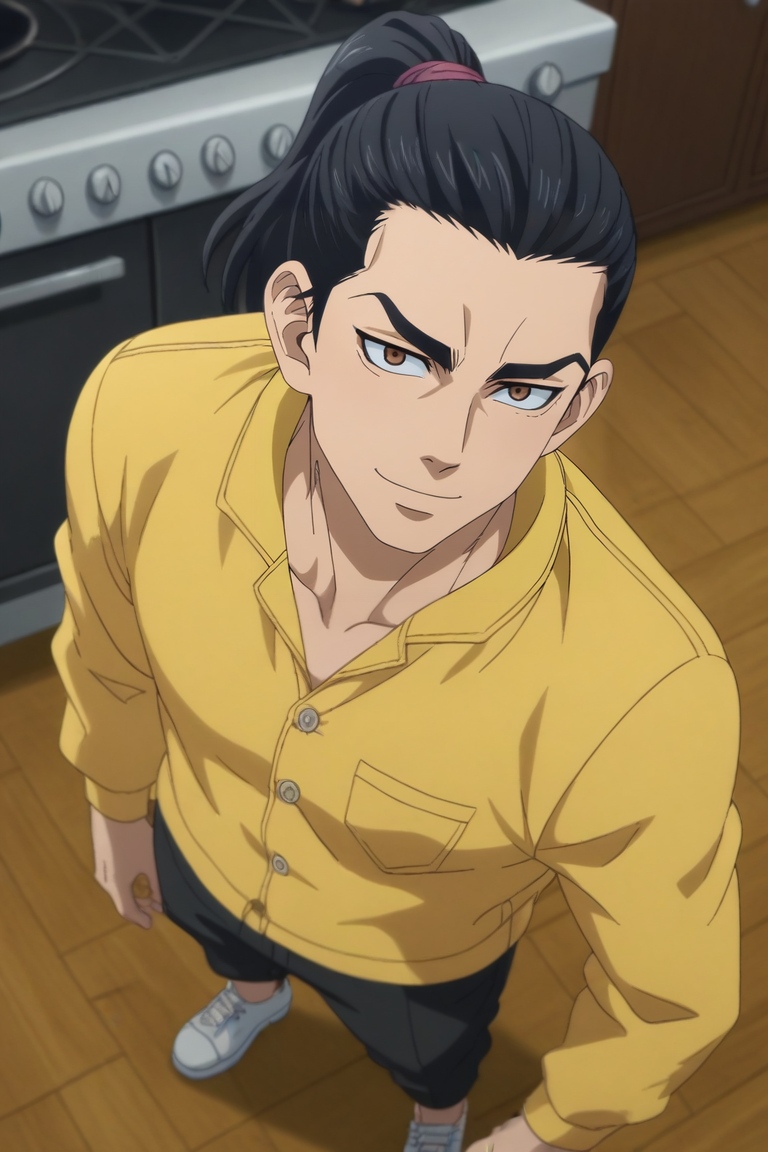 score_9, score_8_up, score_7_up, source_anime, rating_safe, intricate details, anime screencap, , , looking at viewer, , 1boy, solo, male focus, <lora:keisuke_baji_pony:0.96>, keisuke_baji, black hair, brown eyes, long hair, ponytail, from above, full body, kitchen, cooking, dawn, jojo pose, naughty smile, luau costume, <lora:sdxl_lightning_8step_lora:1>