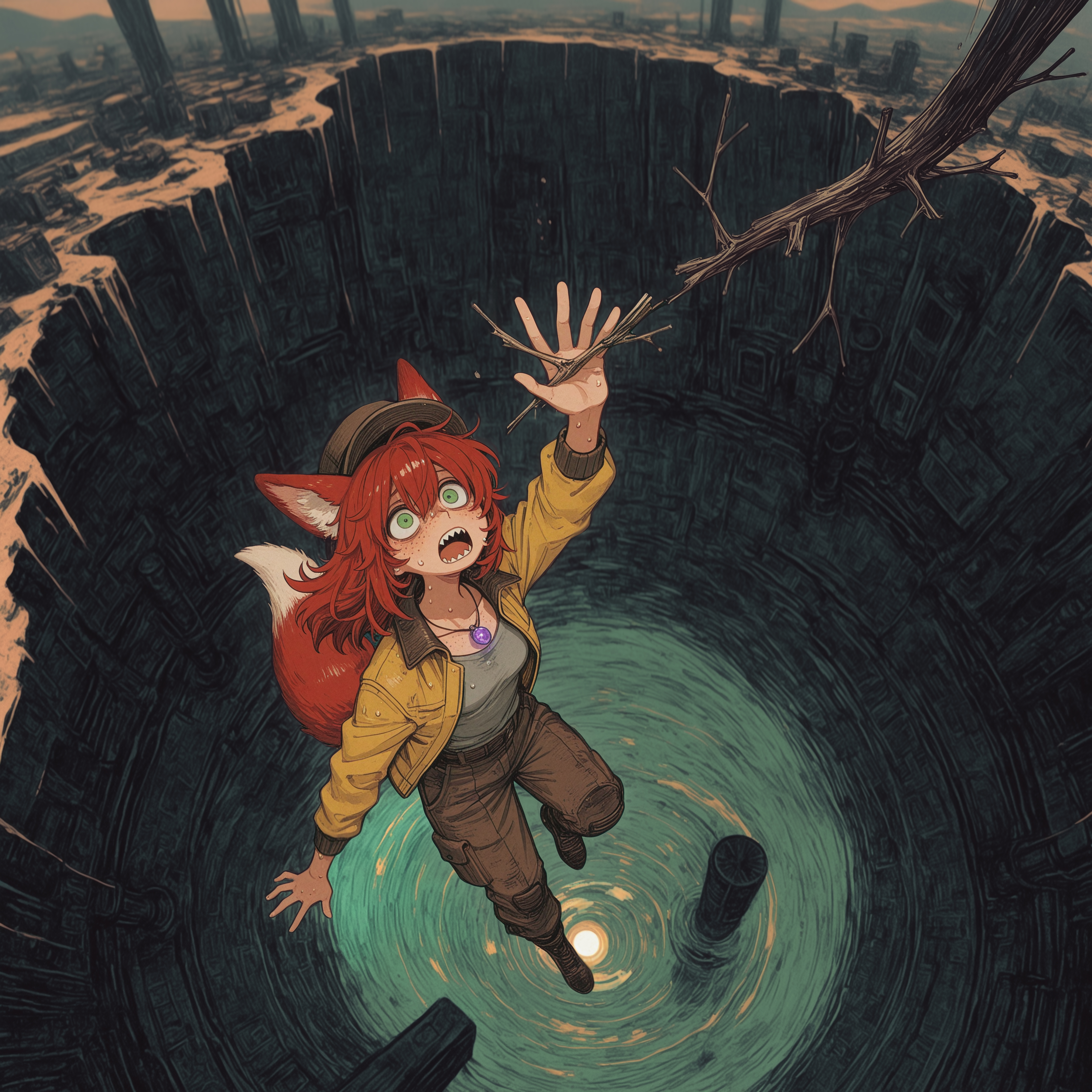 masterpiece, best quality, newest, fisheye, ((motion lines)), (!), (spotlight), (dark background),
hatching \(texture\), bright green eyes,
motion lines, motion blur, detailed background, very wide shot, far above, falling, hanging, far above a giant pit,
1girl, fox girl, freckles, sharp teeth,  constricted pupils,  ((panicking)), (nervous sweating), brown fedora, fallout, red hair, green eyes, purple pendant, yellow jacket, gray shirt, brown pants, work boots,
k4_illu, traditional media, (((depth of field))), (((blurry background))), (((blurry edges))), warm glow, desert,
outdoors, fallout, post-apocalypse, science fiction,