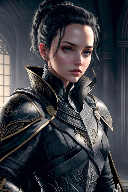 EvelynNobodySD15 serious look pressed lips, (black updo:1.2), (black steel armor:1.1) and robes (cape:1.2) royalty ornate (embroidery:0.5) skinny (Gorget Plackart pauldron :1.3), (masterpiece:1.2) (illustration:1.1) (best quality:1.2) (detailed) (intricate) (8k) (HDR) (wallpaper) (cinematic lighting) (sharp focus)