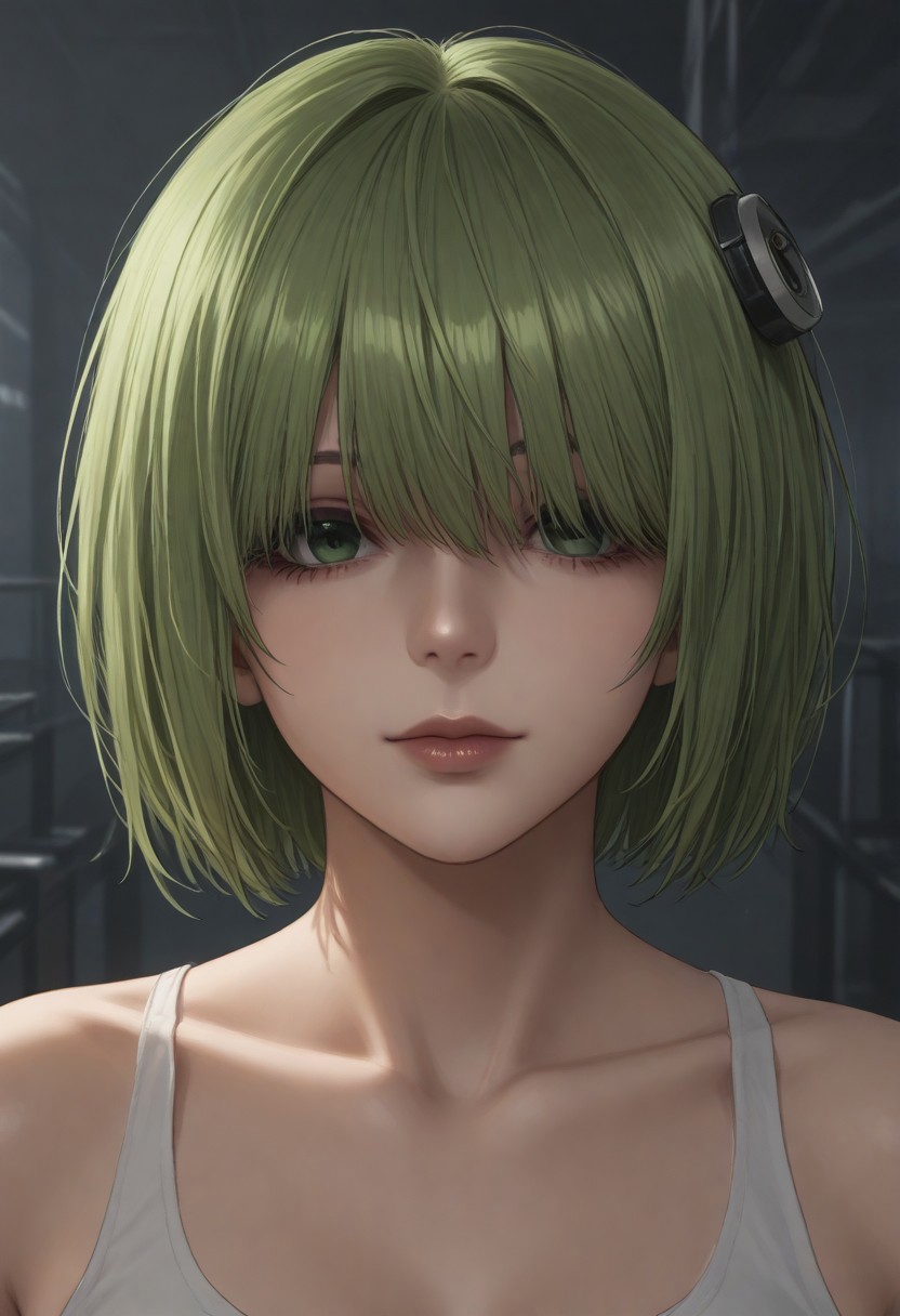 1girl, solo, solo focus, highres, absurdres, CL_Dummy, short hair, long bangs, hair over eyes, light green hair, lipstick, shiny lips, brown lips, circle hair ornament,   
looking at viewer, head tilt, light smile, closed mouth, close-up, face focus,
factory, industrial pipe, stasis tank, dark,