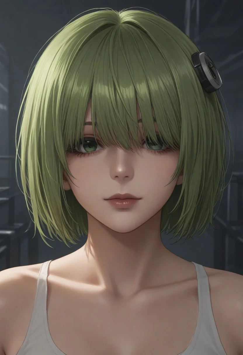 1girl, solo, solo focus, highres, absurdres, CL_Dummy, short hair, long bangs, hair over eyes, light green hair, lipstick, shiny lips, brown lips, circle hair ornament,
looking at viewer, head tilt, light smile, closed mouth, close-up, face focus,
factory, industrial pipe, stasis tank, dark,