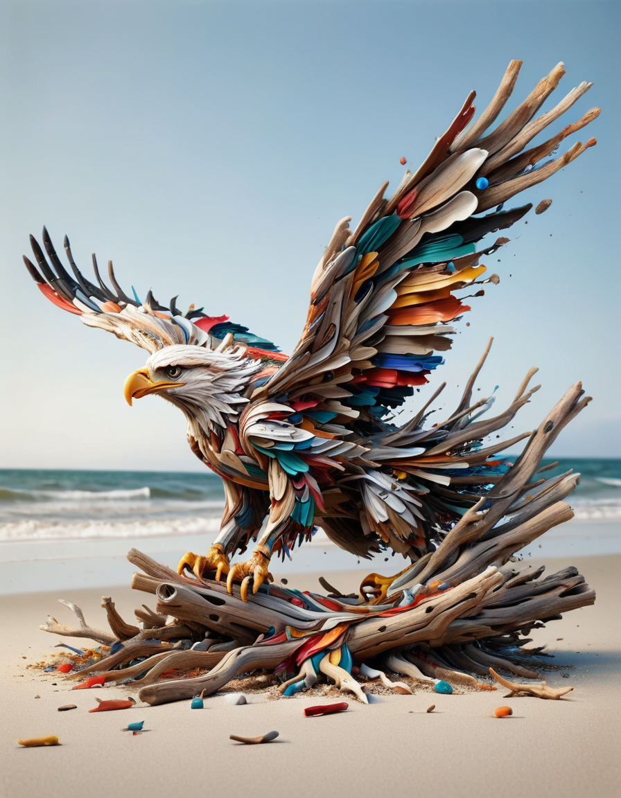 (drift wood washes up on the shore, all the tiny parts of drift wood form together to create a perfect shape of an eagle lying on the shore), abstract, 3d render, strong, insanely intricate details, (masterpiece), breathtaking natures art work <lora:ral-drptpl:1> ral-drptpl