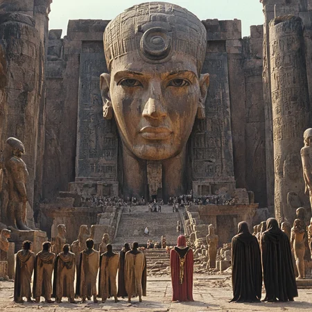 <lora:Year_3000_Movie_StillsSDXL:1> ArsMovieStill, A movie still from the year 3000s, The image shows a group of people standing in front of a large statue of a man's face. The statue is located in an ancient temple complex with multiple levels and columns. The temple appears to be made of stone and is surrounded by ruins and debris. The sky is cloudy and the overall mood of the image is somber. The people in the image are dressed in traditional Egyptian clothing and are standing in a line facing the statue. They appear to be looking at it intently., multiple boys, ruins, cape, outdoors, statue, cloak, cloud, day, from behind, scenery