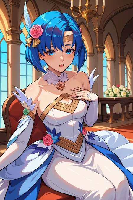 score_9, score_8_up, score_7_up, score_6_up, source_anime, 1girl, solo, <lora:fecatria-pdxl-nvwls-v1-000006:1> brdCtra, blue hair, medium hair, blue eyes, hair flower, red flower, feather hair ornament, white headband, detached collar, wedding dress, detached sleeves, strapless, sitting, mansion, chandelier, chair, hand on own chest, looking at you, open mouth, blush