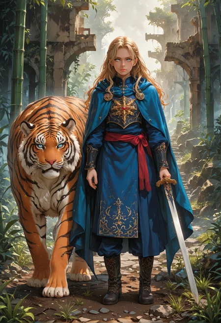 score_9,score_8_up,score_7_up,embedding:zPDXL2, masterpiece,best quality,highly detailed,detailed background, film grain,colorful,Expressiveh,Cinematic Lighting, long hair, looking at viewer, blue eyes, 1boy, holding, standing, weapon, braid, boots, outdoors, sky, sword, cape, holding weapon, armor, glowing, animal, holding sword, glowing eyes, bamboo, ruins, tiger, oversized animal<lora:增强\(收藏)\sdxl_lightning_8step_lora.safetensors:1.0:1.0> <lora:增强\(收藏)\Hands XL 4.safetensors:1.0:1.0> <lora:增强\(收藏)\Expressive_H-000001.safetensors:0.8:0.8> <lora:增强\(收藏)\glowneon_xl_v1.safetensors:1.0:1.0> <lora:增强\(收藏)\sinfully_stylish_PONY_0.2.safetensors:0.6:0.6> <lora:Vixon\Vixon's Pony Styles Magion.safetensors:0.8:0.8>