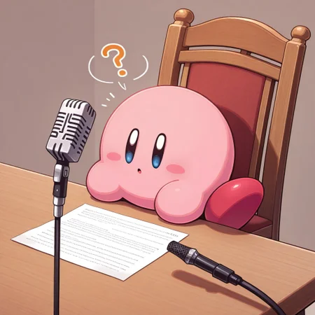 1other, kirby, microphone, table, microphone stand, chair, indoors, cable, simple background, sitting, ?, paper, masterpiece, best quality, amazing quality,