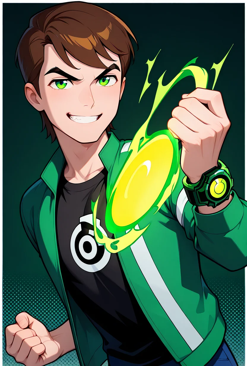 <lora:benuaf-08:1> benuaf, short hair, 1boy, brown hair, green jacket, open jacket, black shirt, long sleeves, thick eyebrows, blue pants, green eyes, dark green background, showing off green watch, angry, smile, clenched teeth,  omnitrix watch, looking at viewer, arm forward, masterpiece, best quality, amazing quality, very aesthetic, absurdres, newest,, upper body, halftone effect, white borders, abstract background:1.2,