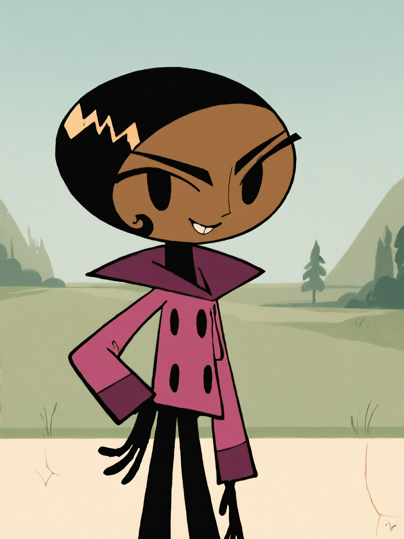 <lora:BritPony1.3:1> brit, solo, 1girl, black hair, short hair, dark-skinned female, black eyes, pink jacket, black pants,black,black gloves, buttons,  score_9, score_8_up, score_7_up, score_6_up, score_5_up, score_4_up, smile, outdoors, looking at viewer, hand on own hip,