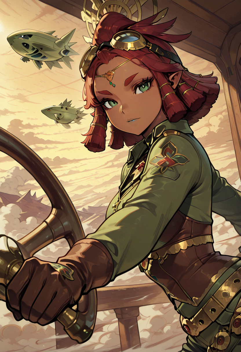 masterpiece, best quality, 1girl, eyelashes, (beautiful eyes), looking at viewer,     (foreshortening, face focus, upper body, side view, dynamic pose),    zzRijuT, tyranitar, steampunk outfit, brass goggles, leather aviator jacket, brown corset, high-waisted pants, metal buckles, intricate pocket watch, belt with tools, leather gloves, boots with gears, ornate belt buckle, windblown hair, airship helm, sky filled with clouds, hot air balloons in the distance, metallic gears and cogs, brass pipes, steam-powered engines, (dynamic pose:1.3), (hand on steering wheel:1.2), (looking into the horizon:1.2), billowing steam, wind flapping coat, skyward gaze, mechanical atmosphere, floating dirigible, shimmering sun on clouds, industrial background, epic adventure on the high skies  ,<lora:RijuTyrannitarCitron_IXL:1.0>,