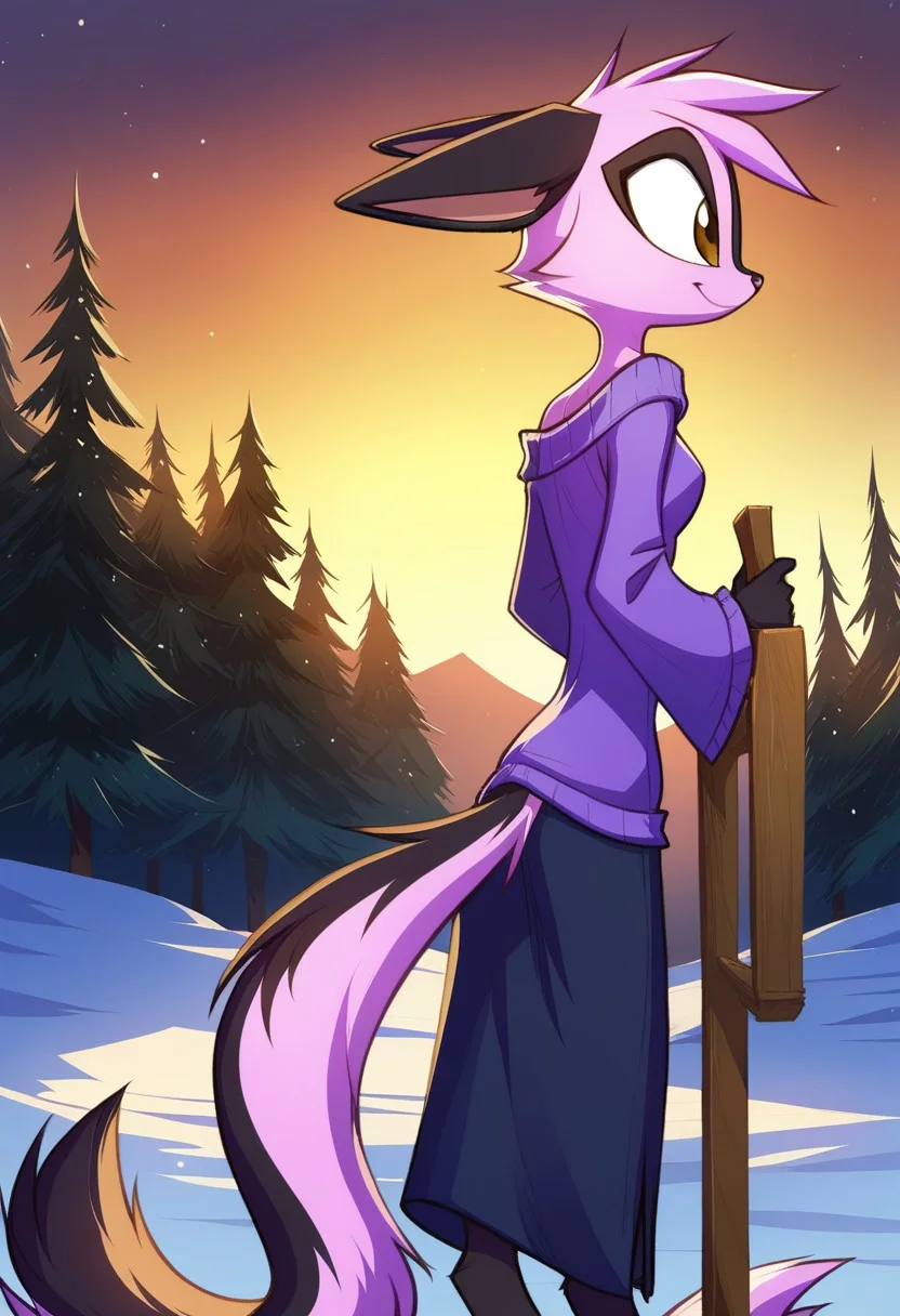 score_9, score_8_up, score_7_up, Dreamkeepers,Viriathus_Vayu,1girl,solo,short hair,animal ears,tail,brown eyes,purple hair,body fur,animal nose,,<lora:dreamkeepers_multipleCharacters:0.8>,
((( long straight hair,1,5))), eyes, shy smile, off shoulder sweater dress, winter dress, outside, tundra
