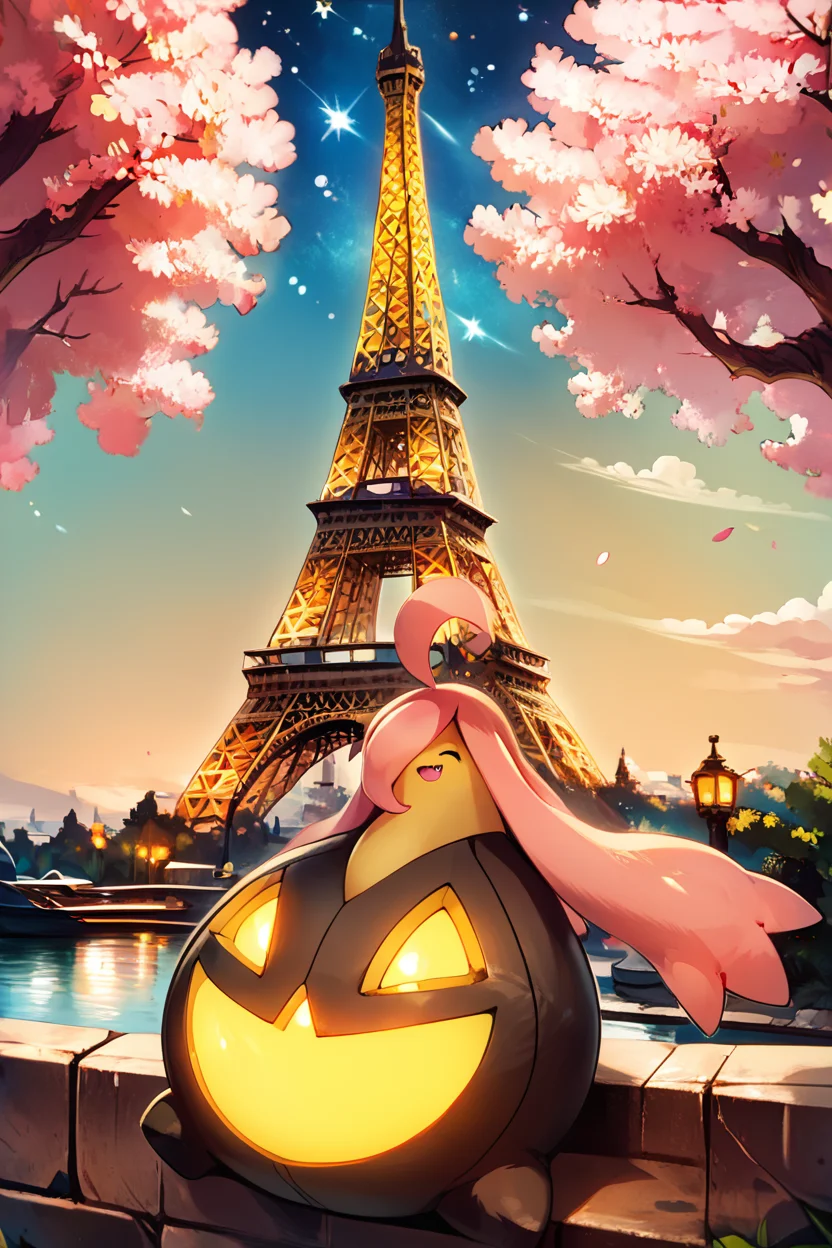score_9, score_8_up, score_8, no humans,   BREAK, , zzGourgeist, solo, pokemon (creature), no humans, ghost, hair over one eye, ahoge,   yellow eyes, full body, outdoors, glowing, closed eyes, tree, fang, happy, <lora:Gourgeist_Pokemon_PDXL:0.8>, , BREAK, zzEiffelTower in background, sitting, watercraft, boat, sitting on wall, side view, looking at viewer, smile, ,,, BREAK, blooming stars, luminescent petals, otherworldly fragrance blurry background, ,,, embedding:zPDXL, Expressiveh, ,,, <lora:EiffelTowerPDXL:1.0>, <lora:CatalystStylePDXL:0.6>, <lora:SDXLFaeTastic2400:0.5>, <lora:Expressive_H-000001:0.4>,