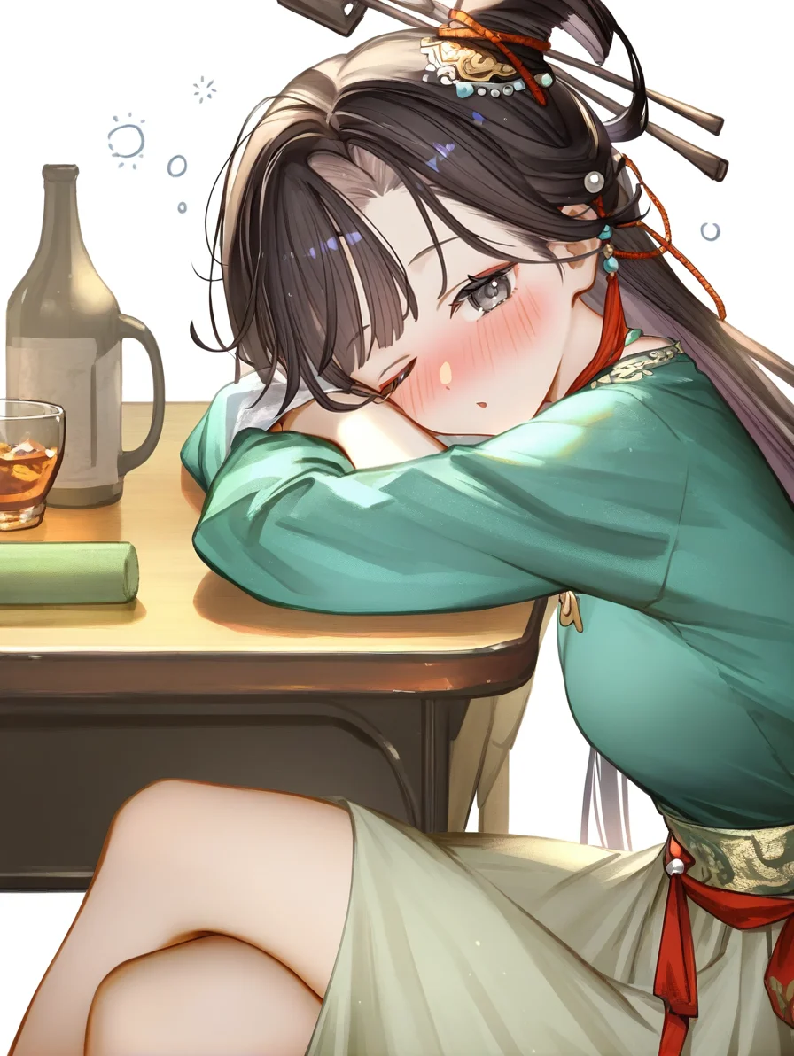 1girl,jiu niangzi,looking at viewer,solo,simple background,white background,,cowboy shot,(77gl:0.7),(tianliang duohe fangdongye:0.8),(green skirt:1.1),crossed legs,sitting,drunk,light_blush,green shirt,black eyes,from side,desk,(sleepy:1.1),one eye closed,<lora:jiuniangzi-000012:0.8>, masterpiece, best quality, very aesthetic, absurdres