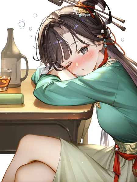 1girl,jiu niangzi,looking at viewer,solo,simple background,white background,,cowboy shot,(77gl:0.7),(tianliang duohe fangdongye:0.8),(green skirt:1.1),crossed legs,sitting,drunk,light_blush,green shirt,black eyes,from side,desk,(sleepy:1.1),one eye closed,<lora:jiuniangzi-000012:0.8>, masterpiece, best quality, very aesthetic, absurdres