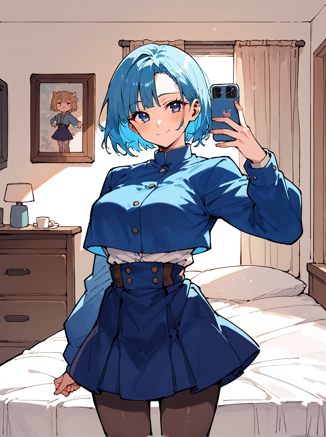 score_8_up, score_7_up, score_6_up, source_anime, 1girl, solo, bedroom, selfie
smile, 
cropped jacket, long sleeves, blue skirt, high-waist skirt, medium skirt, pantyhose
 <lora:Nobara:1>