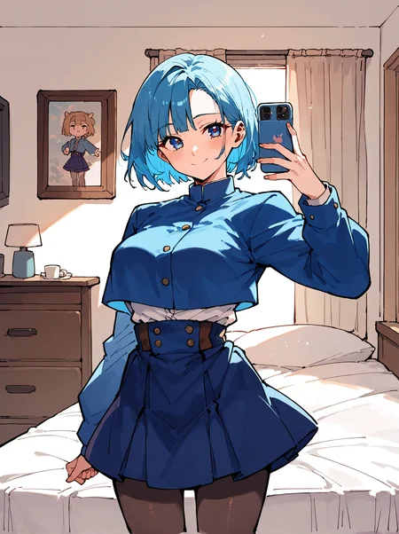 score_8_up, score_7_up, score_6_up, source_anime, 1girl, solo, bedroom, selfie
smile, 
cropped jacket, long sleeves, blue skirt, high-waist skirt, medium skirt, pantyhose
 <lora:Nobara:1>