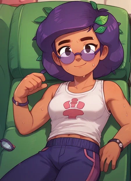 score_9, score_8_up, score_7_up, <lora:bsrosa:1>bsrosa , 1girl, purple hair, leaf hair ornament, dark skin ,looking at viewer, sweat, breast , glasses, boring , lying lazily on the couch, shirt, pants , light smile, <lora:PossumMachine:1>posmach , medium hair,