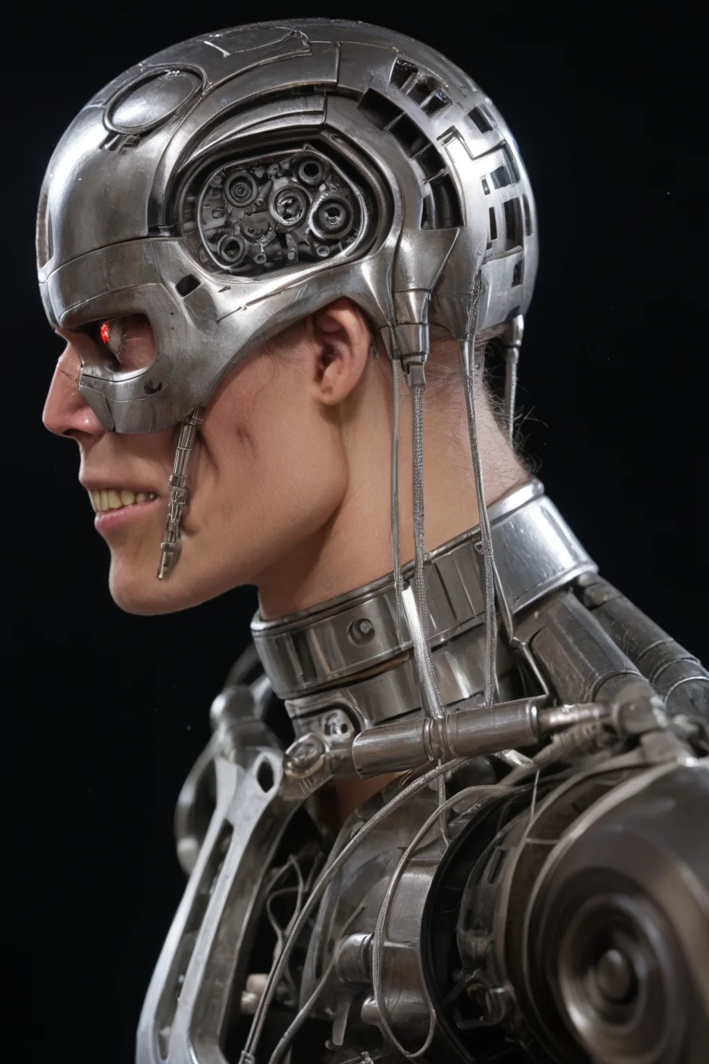 T800_Endo, Terminator robot, score_9, score_8_up, score_7_up, (source_IRL, source_movie), cinematic, realistic, masterpiece, high quality, highres RAW photo, ((close-up shot, close-up head shot, side profile view, from the side))
a T800_Endo Terminator Robot with red eyes, he is made of metal, he is made of shiny chrome metal, new, clean, <lora:T800_Endo_Terminator_Pony-000010:1>
(standing)
black background
dynamic lighting, highly detailed, intricate details