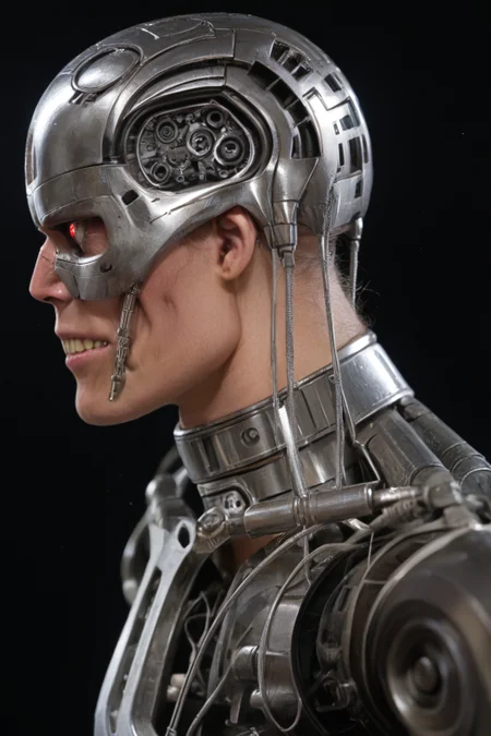 T800_Endo, Terminator robot, score_9, score_8_up, score_7_up, (source_IRL, source_movie), cinematic, realistic, masterpiece, high quality, highres RAW photo, ((close-up shot, close-up head shot, side profile view, from the side))
a T800_Endo Terminator Robot with red eyes, he is made of metal, he is made of shiny chrome metal, new, clean, <lora:T800_Endo_Terminator_Pony-000010:1>
(standing)
black background
dynamic lighting, highly detailed, intricate details
