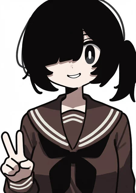 masterpiece, best quality, very aesthetic BREAK 1girl, solo, brown serafuku, black hair, black eyes, hair over one eye, side ponytail, smirk, peace sign, v, upper body, small breasts, bright pupils
<lora:noob05-Kyora-san-unet only-jan31-step00002464:1>