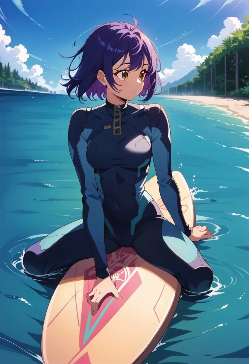 score_9, score_8_up, score_7_up, score_6_up, score_5_up, score_4_up, 1girl, outdoors, JunoXL, purple hair, brown eyes, two-tone hair, wetsuit, surfboard_straddle, surfboard