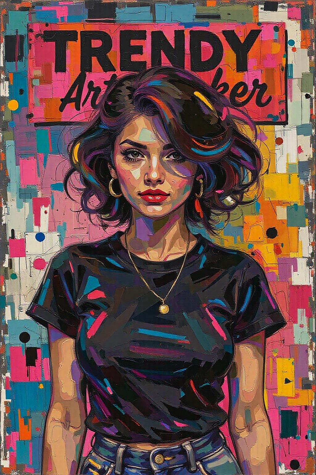 impasto oil painting. A vibrant, abstract illustration. A digital illustration of a female figure with large breasts,wearing a black t-shirt. The grunge style blends with frutiger style elements, featuring beautiful vector shapes in a colorful, minimalistic composition reminiscent of 2004 aesthetics. A text block above her head reads TRENDY ART MAKER in bold, swirling script, incorporating the symbols ×, ⏺️, and ❤️. The gradient background adds depth, while sharp details and oversaturated colors create an eye-catching, high-quality artwork that blends vector art with mixed media. This original piece exudes a sense of trendiness, vintage flair, and award-winning quality, making it NSFW. artint, vivid colors,impasto oil painting  <lora:impasto5_nocap_d6a3:1.0> <lora:Flux-Sch-SingleBlocks-BF16:1.0><lora:803880254457269260:0>