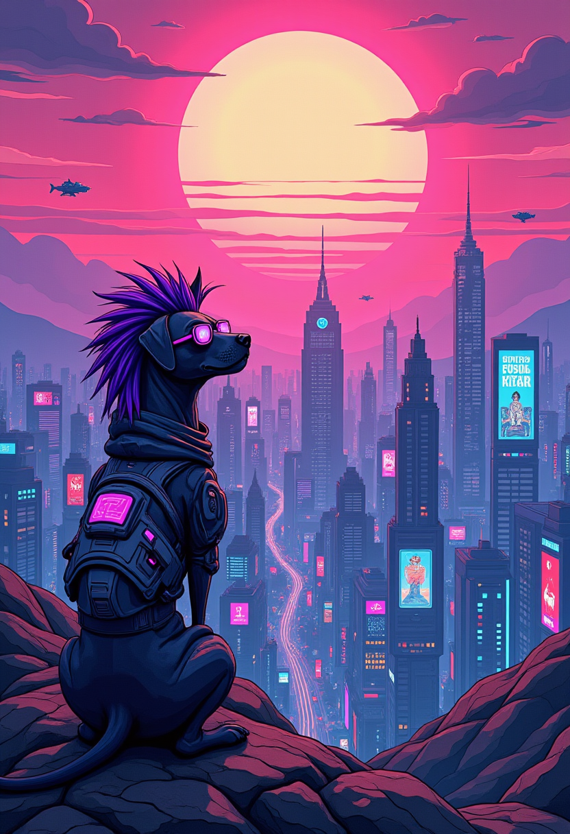 Recypu style, recypu style. dog with a vibrant purple mohawk hairstyle sits proudly at the peak of a mountain, gazing over a sprawling cyberpunk cityscape. The dog wears futuristic cyberpunk glasses with glowing lenses and a sleek high-tech jacket adorned with neon accents and intricate patterns. Behind the dog, the city glows with towering skyscrapers lit by neon blues, purples, and pinks, crisscrossed by holographic billboards and flying vehicles. Dominating the horizon is a massive anime-style sun, radiating surreal pink and orange hues, casting a dreamlike glow over the futuristic metropolis and creating a striking contrast with the rugged mountain peak.