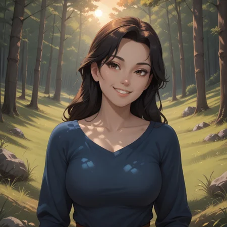 score_9, score_8, BREAK, solo, Black Hair, brown eyes, asian female, adult female, mature female, breasts, sexy pose, self portrait, smile, outdoors, sunlight, shadows, evening lighting, natural lighting, forest, trees, grass, orange sky, sunset