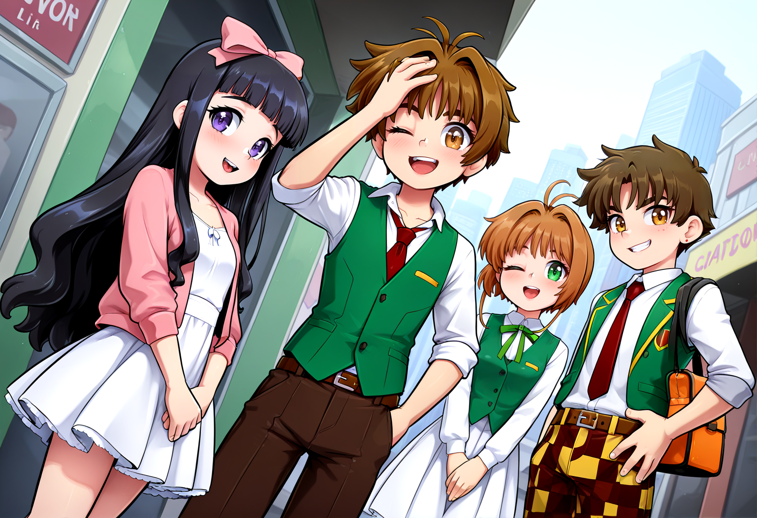 IllustriousQual <lora:StS-Illustrious-Detail-Slider-v1.0:2> <lora:cfg_scale_boost:0.3>,detailed_background,indoors,green vest,pink jacket,day,brown pants,4girls,necktie,highres,cardcaptor sakura,shirt,kinomoto sakura,multiple girls,checkered pants,purple eyes,open clothes,red necktie,open mouth,short hair,dutch angle,yellow shirt,cowboy shot,brown belt,bag,very long hair,sleeves rolled up,hand on own forehead,o shizuka,pants,one eye closed,sidelocks,long hair,2boys,white shirt,li syaoran,smile,white dress,antenna hair,shoulder bag,ribbon,multiple boys,hair bow,yellow eyes,looking at viewer,green ribbon,outdoors,school bag,green eyes,black hair,jacket,own hands together,city,v arms,blunt bangs,hong kong,belt,pink ribbon,open jacket,skirt,dress,vest,white skirt,hand on own hip,pink bow,daidouji tomoyo,collarbone,checkered clothes,hair intakes,neck ribbon,bow,orange bag