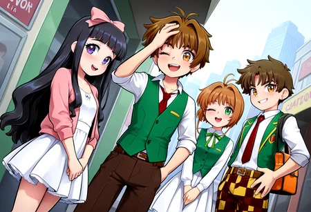 IllustriousQual <lora:StS-Illustrious-Detail-Slider-v1.0:2> <lora:cfg_scale_boost:0.3>,detailed_background,indoors,green vest,pink jacket,day,brown pants,4girls,necktie,highres,cardcaptor sakura,shirt,kinomoto sakura,multiple girls,checkered pants,purple eyes,open clothes,red necktie,open mouth,short hair,dutch angle,yellow shirt,cowboy shot,brown belt,bag,very long hair,sleeves rolled up,hand on own forehead,o shizuka,pants,one eye closed,sidelocks,long hair,2boys,white shirt,li syaoran,smile,white dress,antenna hair,shoulder bag,ribbon,multiple boys,hair bow,yellow eyes,looking at viewer,green ribbon,outdoors,school bag,green eyes,black hair,jacket,own hands together,city,v arms,blunt bangs,hong kong,belt,pink ribbon,open jacket,skirt,dress,vest,white skirt,hand on own hip,pink bow,daidouji tomoyo,collarbone,checkered clothes,hair intakes,neck ribbon,bow,orange bag