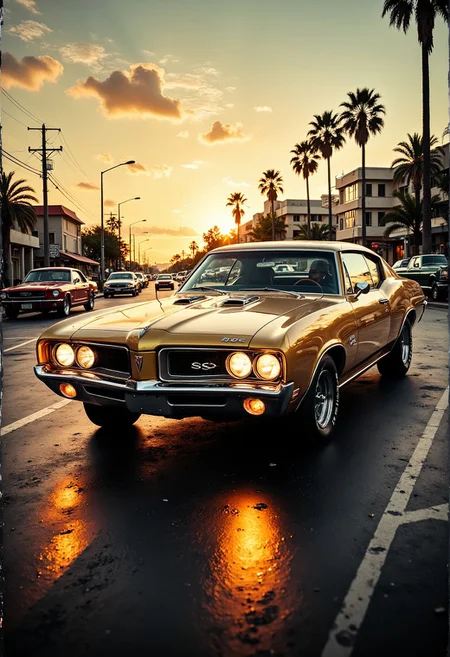 A nostalgically crafted relic of the past, a meticulously restored deep gold pearlescent classic 60's muscle car cruises through the dusk streets with an intimidating elegance. The vintage vehicle gleams with a lustrous sheen, showcasing its aerodynamic lines and sharp accents as it cruises along the asphalt. This evocative scene is captured in a vividly detailed oil painting, where every brushstroke highlights the car's classic styling and pristine condition. Impeccably rendered, this image transports viewers to a bygone era of automotive luxury and style. secretlab