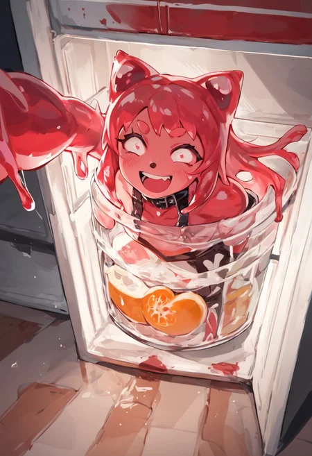 score_9, score_8_up, score_7_up,
perfect lighting, source_anime, 
fr1dg3, open fridge, refrigerator, BREAK
(jelly), jam, jars of jam, labeled, 1 slime girl, smiling, reaching into fridge