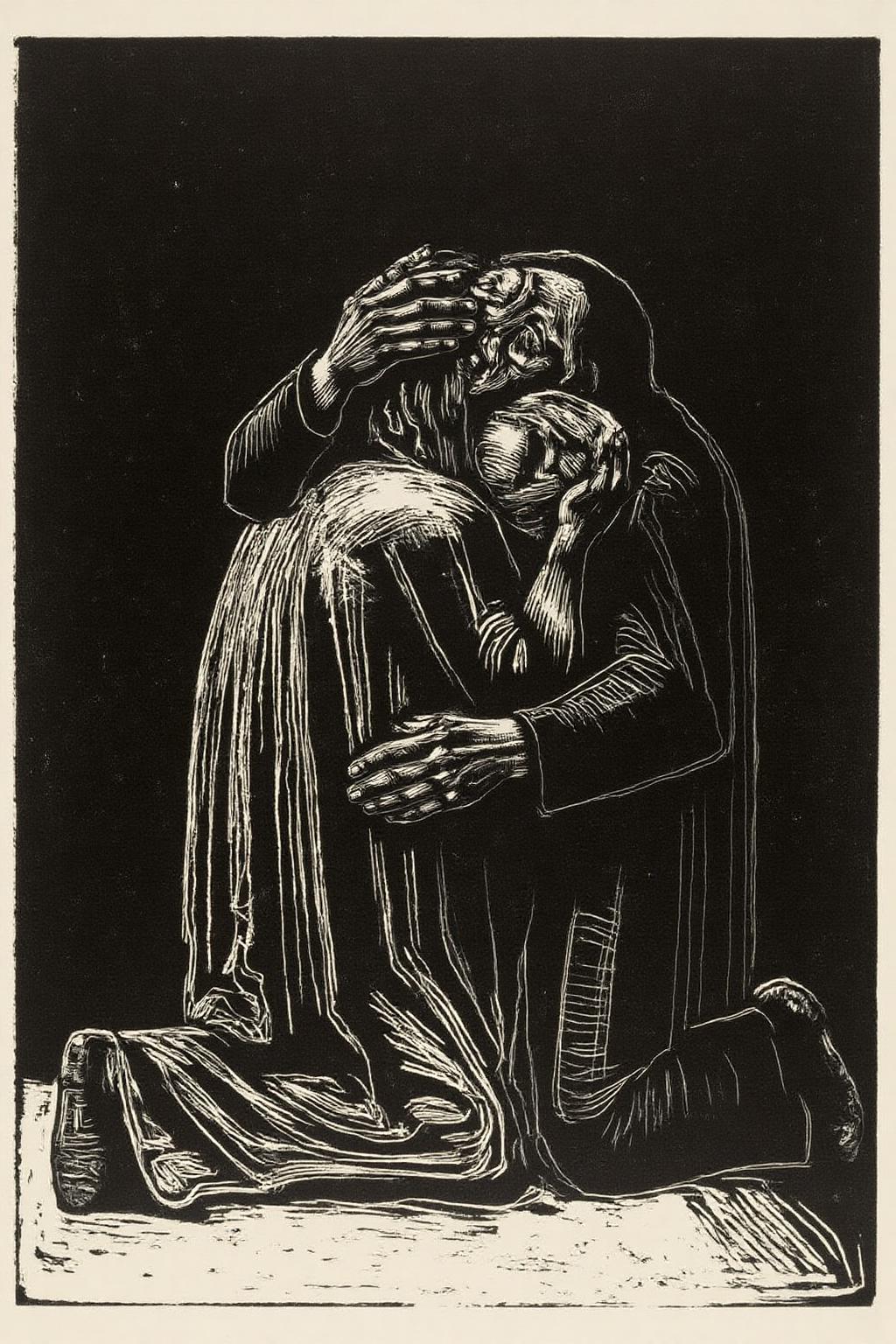 kako1 black and white woodcut print. 
The image is a black and white woodcut print, characterized by its bold, expressive lines and stark contrast. The artwork depicts an intimate scene of two figures in a tight embrace. The figures are seated on the ground, with one person cradling the other, who appears to be in a state of distress or despair. The person being held is draped in a long, flowing garment, which is rendered with intricate, swirling lines that suggest a sense of movement and emotion. <lora:kako3_woodcut_cap_d6a3e11:1.0><lora:817641986803755787:0>