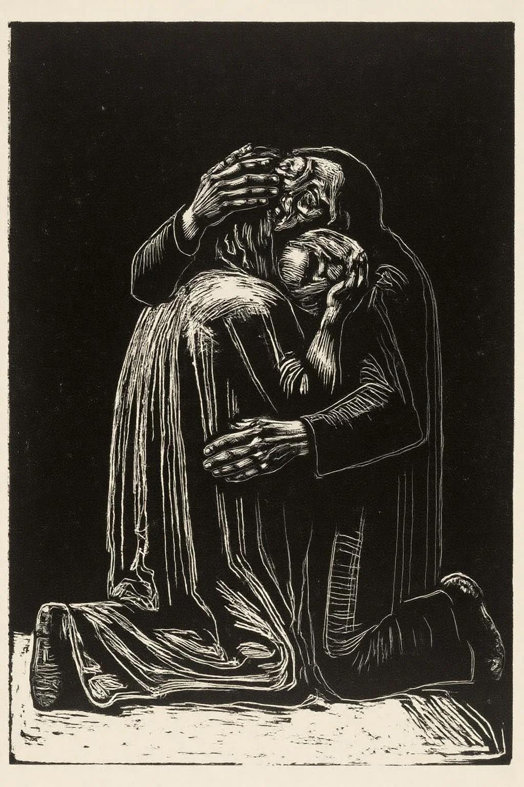 kako1 black and white woodcut print. 
The image is a black and white woodcut print, characterized by its bold, expressive lines and stark contrast. The artwork depicts an intimate scene of two figures in a tight embrace. The figures are seated on the ground, with one person cradling the other, who appears to be in a state of distress or despair. The person being held is draped in a long, flowing garment, which is rendered with intricate, swirling lines that suggest a sense of movement and emotion. <lora:kako3_woodcut_cap_d6a3e11:1.0><lora:817641986803755787:0>