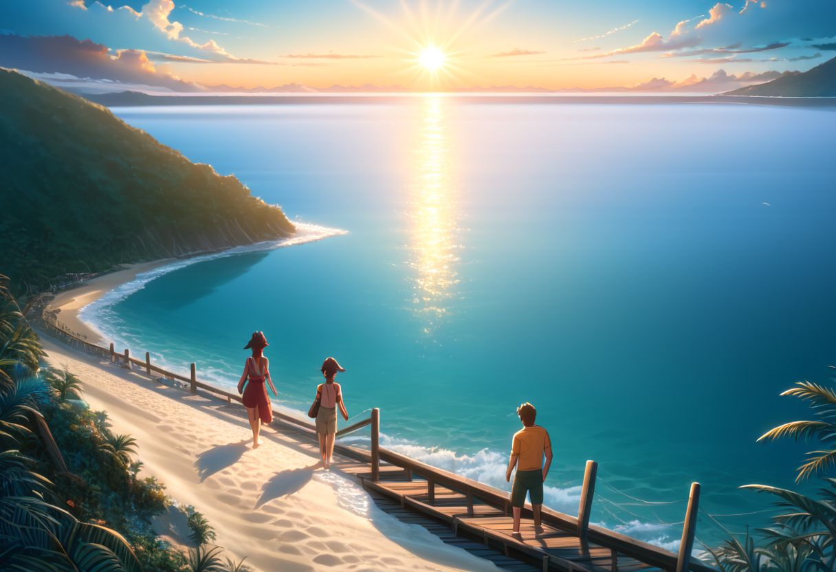 anime_source,score_9,score_8_up,score_7_up,score_6_up,score_5_up,score_4_up Beach landscape, golden sandy shores, turquoise ocean waves, tropical palm trees, coastal flowers, seashells scattered on the sand, gentle sea breeze, wooden boardwalk, thatched beach huts, fluffy white clouds, radiant sunset sky, warm and vibrant color tones, picturesque seaside scenery, serene and tranquil atmosphere