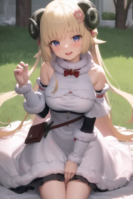 masterpiece,highres,best quality,(tsunomaki watame:1.1),fur-trimmed dress,blonde hair,long hair