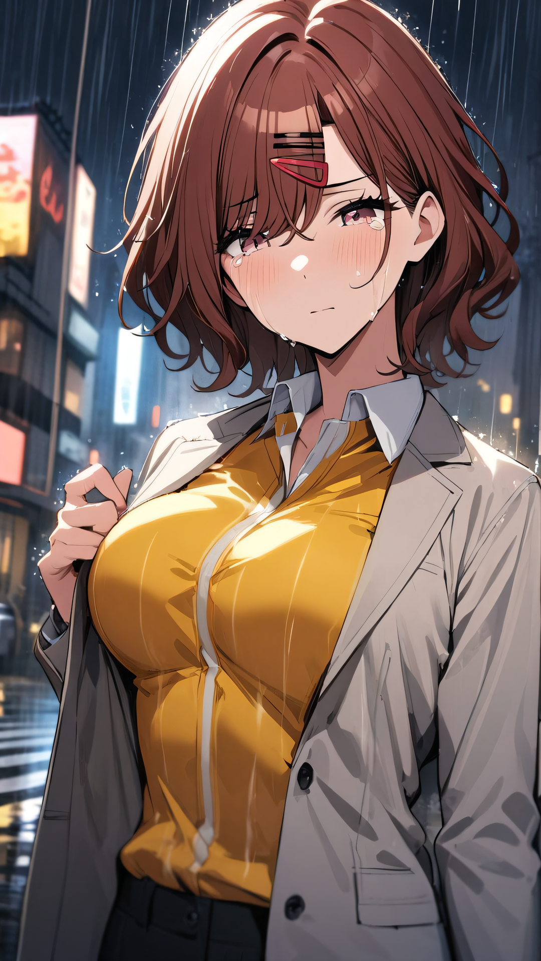 masterpiece, best quality, very aesthetic, solo,
higuchi madoka, idolmaster shiny colors, aged up, alternate breast size, medium breasts, (breast expansion:1.1), skinny, BREAK
alternate costume, suit jacket, collared shirt, tight clothes, crying, rain, night, city