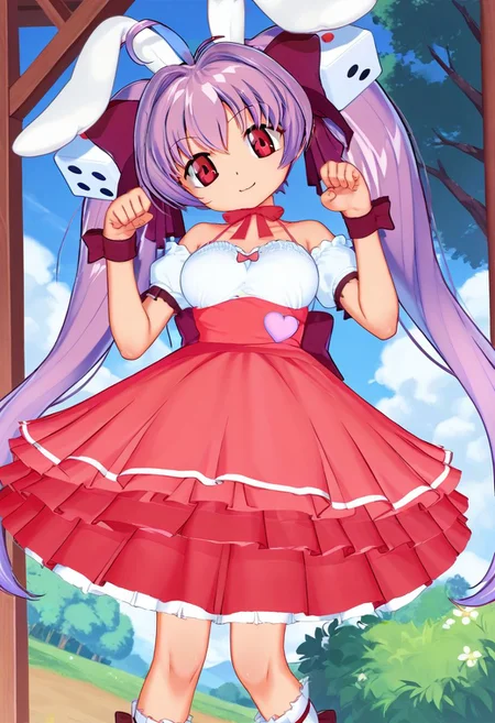 score_9, score_8_up, score_7_up, best quality, uncensored, source_anime, BREAK
1girl, solo, usada_hikaru, ahoge, rabbit ears, dice hair ornament, ahoge, purple hair, twintails, red eyes, ribbon choker, wrist ribbon, dress, usada_hikaru_outfit, red frills skirt, bare shoulders, white socks, high heels,
from below, paw pose, Teasing, A playful smirk, a raised eyebrow, and a hint of dominance., outdoors,
<lora:sdxl_lightning_8step_lora:1> <lora:usadahikaru_XL(pony)rev2:0.8>