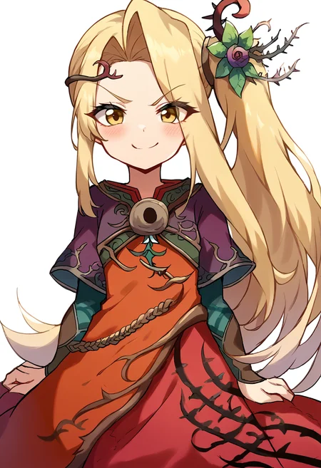 <lora:pony_good_hands:1>, <lora:Anime Style 2 SDXL_LoRA_Pony Diffusion V6 XL:0.5>, score_9, score_8_up, score_7_up, source_anime, good_hands,
simple white background,
<lora:IcaViridi-000015:0.8>, 1girl, solo, IcaViridi, long blonde hair, side ponytail, yellow eyes, red dress, thorn crown, asymmetrical sleeves, hair flower, eyes visible through hair,
smile, looking at viewer, blush, smug, sitting,
