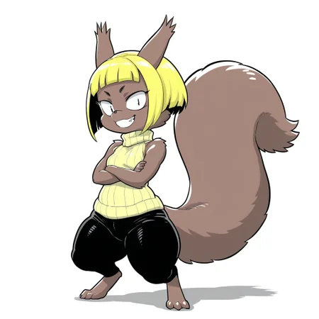 Cookie(FFC), by daigaijin, Solo, 1girl, anthro, female furry, squirrel, rodent, brown fur, blonde hair, short hair, long tail, fluffy tail, black eyes, shortstack, small breasts, digigrade feet, full body, standing, black pants, yellow sleeveless turtleneck, arms crossed, looking at viewer, happy, grin, white background,