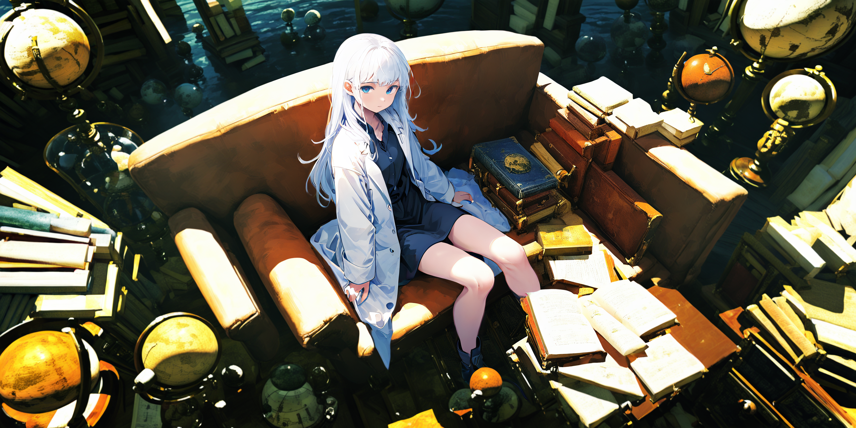 1girl, solo, long hair, sitting, white hair, book, looking at viewer, blue eyes, long sleeves, bangs, globe, open clothes, shirt, couch, indoors, closed mouth, labcoat, skirt, from above, chair, water <lora:lifelineXL_NB11_lokr_V6311P:0.95>