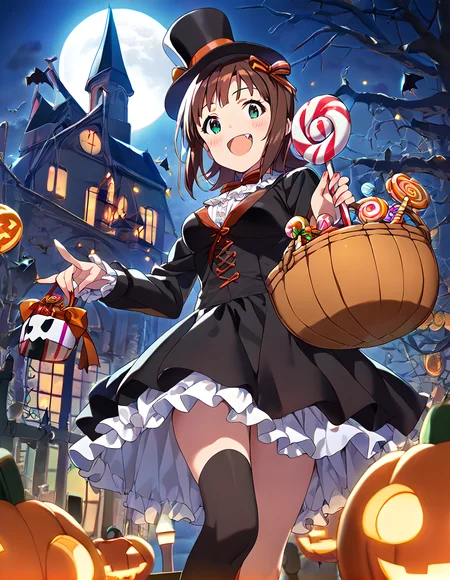 score_9,score_8_up,score_7_up,source_anime,1girl,solo,vampire,fangs,top hat,tuxedo,halloween costume,halloween,trick or treat,swirl lollipop,black legwear,jack-o'-lantern,basket,holding lantern,halloween bucket,holding vegetable,sweets,candy,candy cane,cookie,silhouette,bat,ghost,black cat,pumpkin,castle,pennant,clock tower,church,cross,graveyard,tombstone,coffin,town,gate,bare tree,spider web,night sky,full moon,moonlight,looking at viewer,smile,:d,light_blush,<lora:AmamiHaruka_pony_v1:0.9>,ammhrk,short hair,medium hair,brown hair,bangs,red hair ribbon,green eyes,medium breasts,open your mouth and laugh,