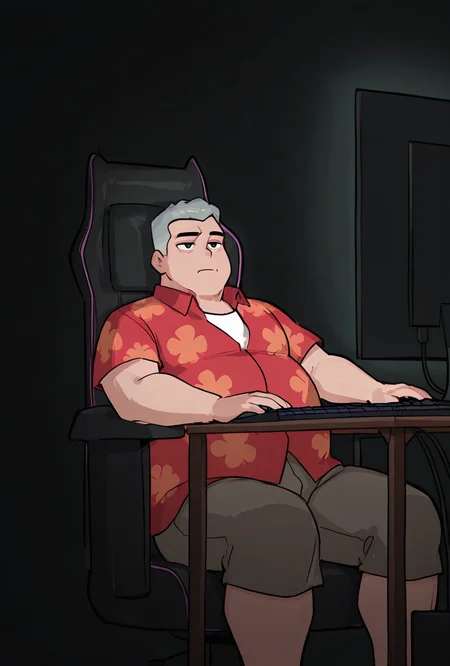 <lora:max-05:1> max, collared red shirt, grey hair, 1boy, short hair, short sleeves, hawaiian shirt, floral print, looking at viewer, expressive, posing, chubby, <lora:Imagine__Meme_Pose_Concept__IllustriousXL_and_NoobAI:1> imagine, jitome, feet out of frame, looking ahead, monitor, keyboard (computer), mouse (computer), gaming chair, desk, dark background, dim lighting, sitting, on chair, , sketch, masterpiece, best quality, amazing quality, very aesthetic, absurdres, newest,
