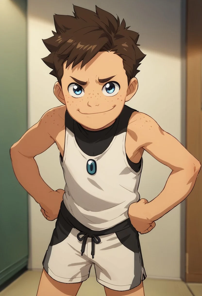 score_9, score_8_up, score_7_up,1boy, solo, cute boy, Koji, Blue Eyes, Brown Hair, Freckles, tank top, shorts, smug smile, hands on hips, Official Style,