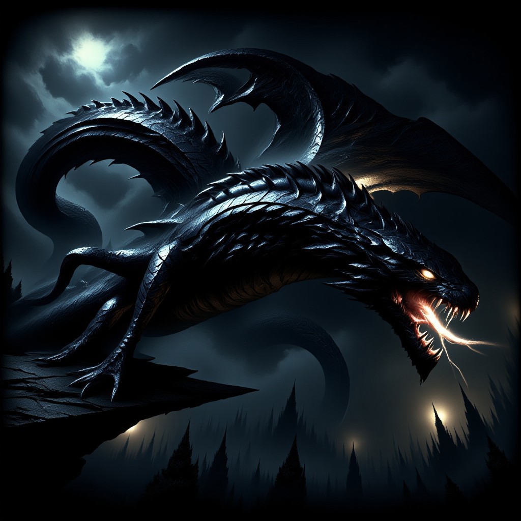 A terrifying flying snake with obsidian scales glides menacingly through the dark skies. Its body is sleek and sinuous, reflecting faint light off its razor-sharp scales. Massive, leathery wings stretch out on either side, beating with a whisper of death as it moves with predatory precision. Its eyes glow with an eerie, molten gold hue, filled with malevolent intelligence and a hunger for destruction. The creature's fanged mouth opens to reveal venom-dripping teeth, each one ready to deliver a fatal, paralyzing bite. Its hiss echoes through the air, a sound that sends chills down the spine, as it coils in mid-flight, ready to strike with lethal speed. This is no ordinary snake, but a beast of pure nightmare, embodying all that is dark and dangerous."