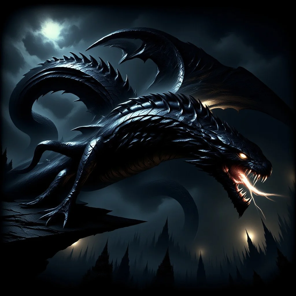 A terrifying flying snake with obsidian scales glides menacingly through the dark skies. Its body is sleek and sinuous, reflecting faint light off its razor-sharp scales. Massive, leathery wings stretch out on either side, beating with a whisper of death as it moves with predatory precision. Its eyes glow with an eerie, molten gold hue, filled with malevolent intelligence and a hunger for destruction. The creature's fanged mouth opens to reveal venom-dripping teeth, each one ready to deliver a fatal, paralyzing bite. Its hiss echoes through the air, a sound that sends chills down the spine, as it coils in mid-flight, ready to strike with lethal speed. This is no ordinary snake, but a beast of pure nightmare, embodying all that is dark and dangerous."
