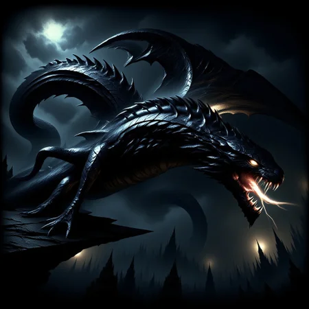 A terrifying flying snake with obsidian scales glides menacingly through the dark skies. Its body is sleek and sinuous, reflecting faint light off its razor-sharp scales. Massive, leathery wings stretch out on either side, beating with a whisper of death as it moves with predatory precision. Its eyes glow with an eerie, molten gold hue, filled with malevolent intelligence and a hunger for destruction. The creature's fanged mouth opens to reveal venom-dripping teeth, each one ready to deliver a fatal, paralyzing bite. Its hiss echoes through the air, a sound that sends chills down the spine, as it coils in mid-flight, ready to strike with lethal speed. This is no ordinary snake, but a beast of pure nightmare, embodying all that is dark and dangerous."